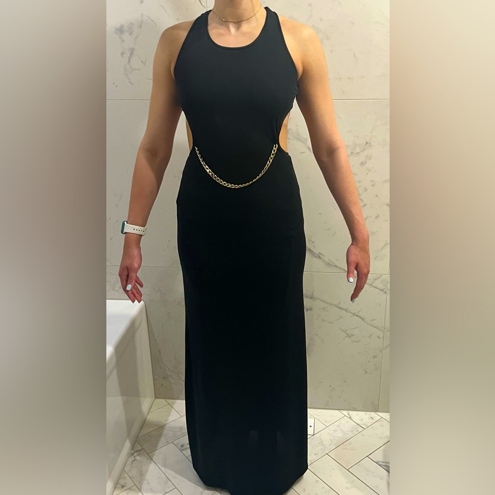 BCBG MaxAzria black dress with gold chain accent